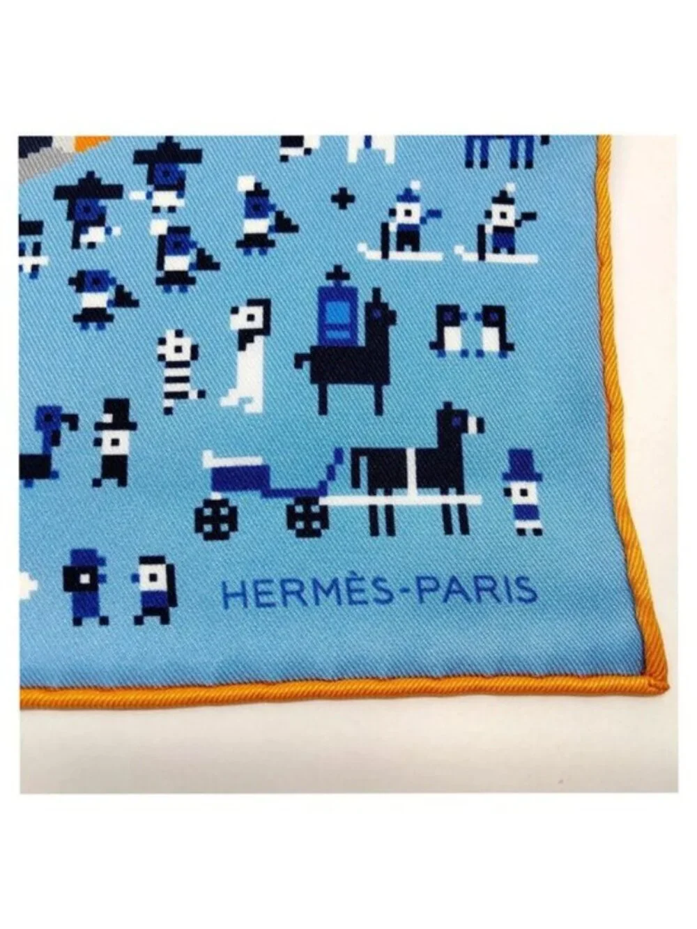 Authentic Hermès Paris Silk Gavroche Scarf Blue Yellow Pixel Art Square Luxury